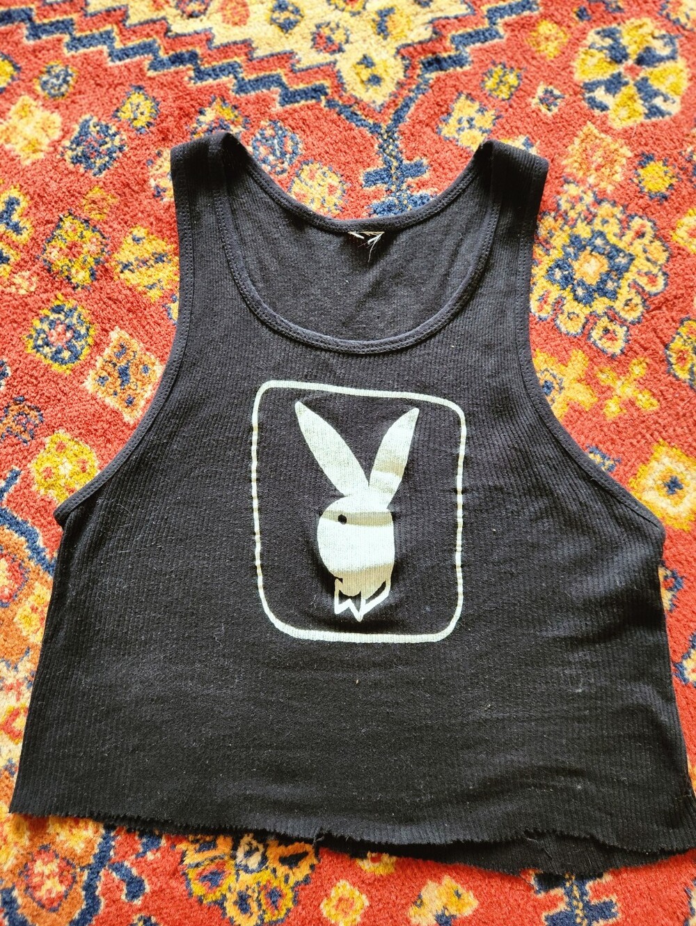 PLAYBOY Black Ribbed Crop Tank with White Bunny Graphic